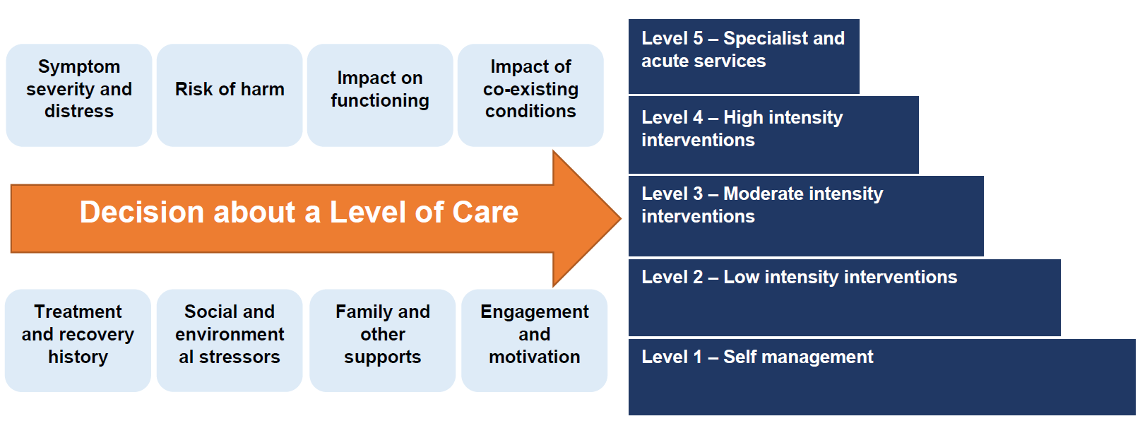 The 8 initial assessment domains that are used to match clients to one of five appropriate levels of care